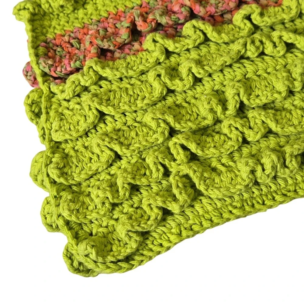 Handmade Crochet Ruffle Handbag Lime Green Pink Orange Boho Tote Bag Y2K style